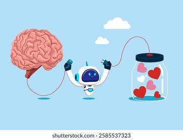 Robot connecting brain and heart interactions. Self control or balance between mind and feelings. Flat vector illustration