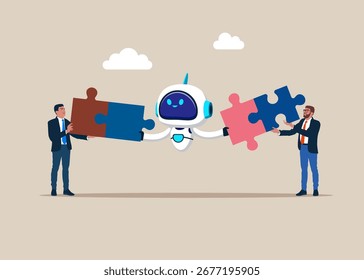 Roboter Verbindung Puzzle. Denken, um Technologie-Problem zu lösen, digitale Verbindung Konzept. Flache Vektorgrafik.