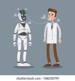 Robot connecting with man scientist. Concept of development.