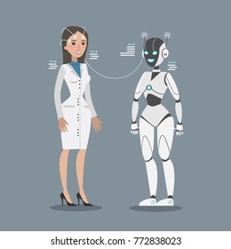 Robot connecting with woman scientist. Concept of development.