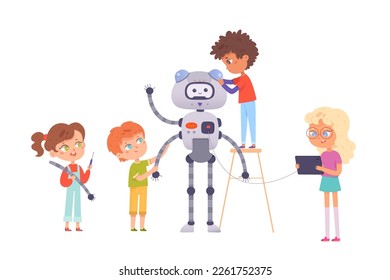 Robot construction by children engineers vector illustration. Cartoon talent girls and boys making diy model of robot in robotics club, happy little kids creating digital tech project and coding