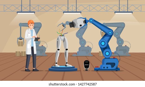 Robot construction plant flat vector illustration. Smiling scientist in white coat building droid cartoon character. Cyborg assembling line, futuristic machines manufacturing, production factory