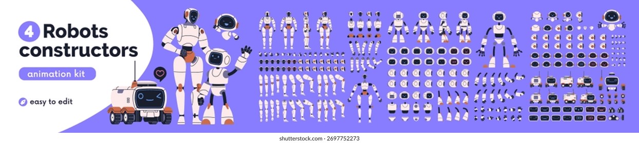 Construtor de robôs com partes do corpo, braços e pernas, conjunto de engrenagens. AI bot personagem, componentes, elementos, kit de animação. Design de brinquedo humanoide, construção de máquina eletrônica. Ilustração de vetor plano