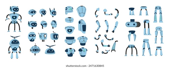 Componentes del constructor de robots. Bot kit de creación de piezas de robot modulares que incluyen cabezas, brazos, piernas y cuerpos para el diseño de personajes de android. Conjunto de Vector aislado