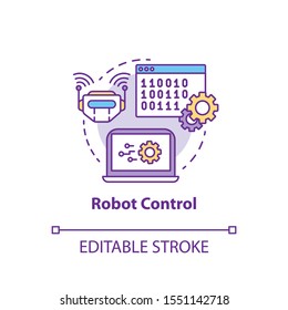Robot control concept icon. Robotics system idea thin line illustration. Software and binary code. Information technology and programming. Vector isolated outline drawing. Editable stroke