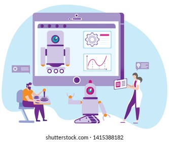 Robot Control Distance Learning. E-Learning. New Technologies. Vector Illustration. Students in White Coat. Robot Setup. Remote Control in Hand. Instruction on Tablet Screen. Teamwork.