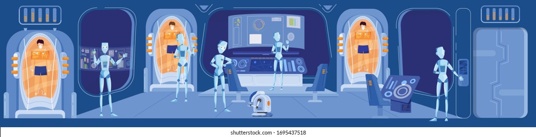 Misión de control de robots con personas en cápsulas de stasis, escena de ciencia ficción, ilustración vectorial. Máquinas humanoides que navegan naves espaciales, tecnologías futuristas, estación de paneles de consola