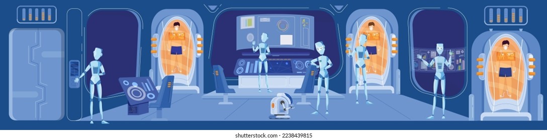 Robot control spaceship mission with people in stasis capsules, science fiction scene, vector illustration