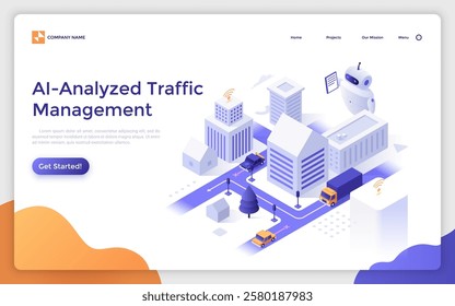 Robot controlling cars driving in modern urban environment. AI-analyzed traffic management landing page isometric template. Autonomous technology creative 3d vector illustration for web page