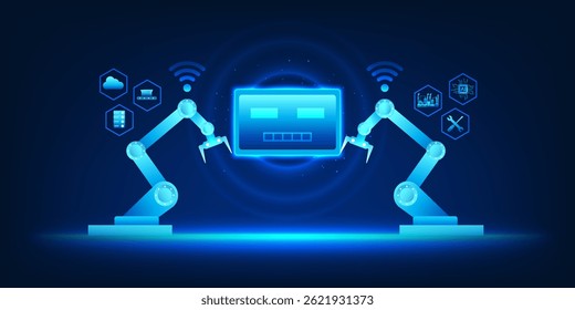 Robot controlling a mechanical arm in a factory represents industrial innovation that uses AI to control the production process automatically to increase efficiency, accuracy, and reduce costs