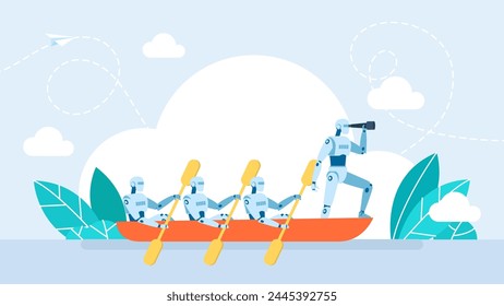 Un robot controla el trabajo de otros. Ai o concepto de inteligencia artificial con el robot de aire mirando a través del telescopio hacia el futuro. Avance de la Tecnología, innovación, automatización. Ilustración vectorial.