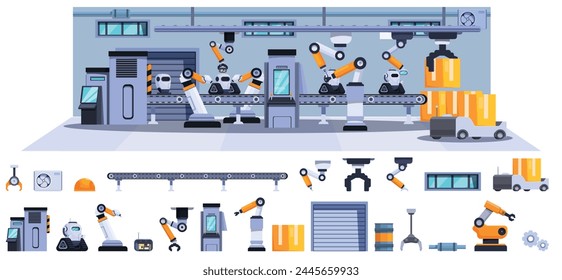 Robot conveyor belt icons set cartoon vector. Machinery line. Industry production