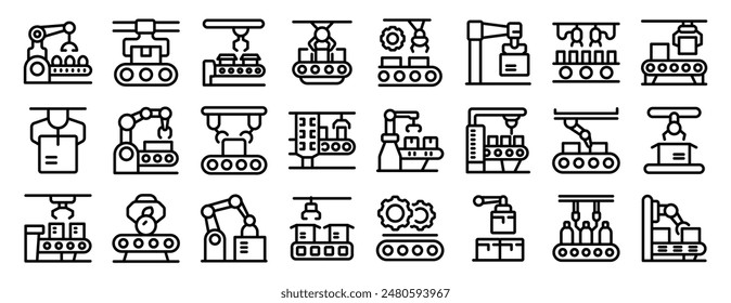 robot conveyor belt icons set. Conveyor belt manufacturing automation process with robotic arms icons set in thin line style