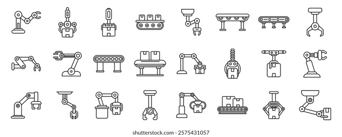  Robot conveyor belt icons set. Set of simple outlined icons representing robotic arms manipulating cardboard boxes on conveyor belts in industrial manufacturing processes