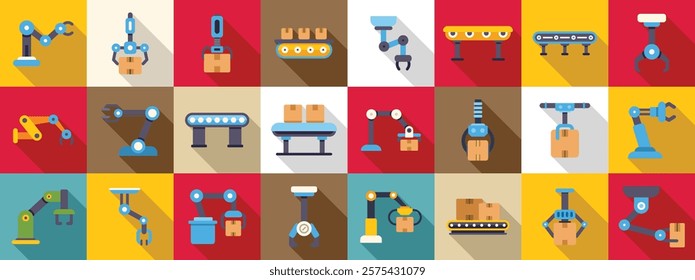  Robot conveyor belt icons set. Robotic arms lifting, moving, and sorting packages on a conveyor belt in a modern factory setting