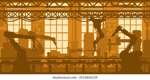 Robot conveyor, machinery industry factory vector background. Production line silhouette of conveyor belt and assembly machines. Automated manufacturing plant interior with equipment and robot arms