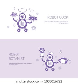 Banner Web De Plantilla De Concepto Robot Cook Y Botanista Con Ilustración De Vector De Espacio De Copia
