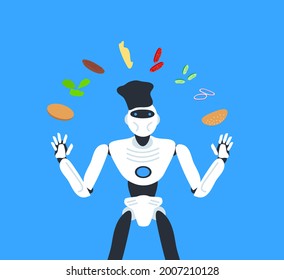 Robot Cook Chef Juggling With Burger Ingredients Prepare Fast Food Vector Illustration