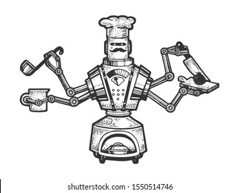 Robot Cook Chef sketch engraving vector illustration. T-shirt apparel print design. Scratch board style imitation. Black and white hand drawn image.