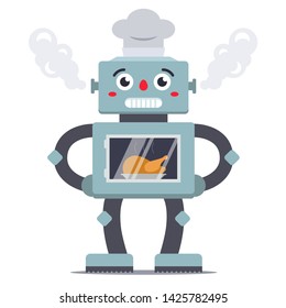 robot cook cooks chicken in the oven. household helper. vector character flat illustration