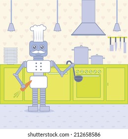 Robot Cook Standing In The Bright Kitchen