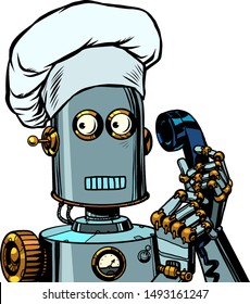The robot cook takes the order menu, food delivery. Pop art retro vector illustration drawing