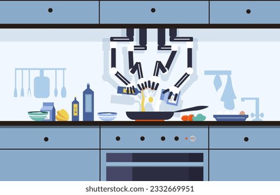 Robot cooking at kitchen concept. Artificial intelligence, machine learning and innovation. Hands in kitchen preparing scrambled eggs in frying pan, cooking. Cartoon flat vector illustration
