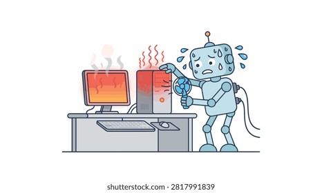 Robot Cooling Overheated Computer With Fan Vector