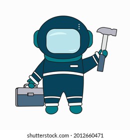 Robot cosmonaut repairman with a hammer and a box of tools. Vector image of a cartoon flat character for repair work, correction, help