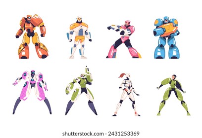 Robot costumes. Robots super hero costume with helmet mask for man and woman, cyborg superhero futuristic robotic military game soldier character, vector illustration of power superhero character