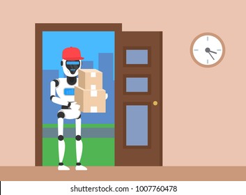 robot courier delivering  parcel cardboard boxes in open doorway