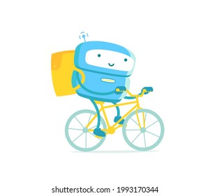 Robot courier. Delivery service. On a bicycle. Mascot. Pizza and fast food delivery. With a backpack. Vector illustration.