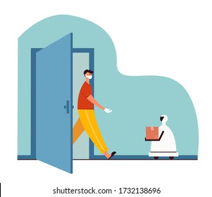 Robot courier giving package to customer. Robotic express delivery service in flat style. Safe contactless delivery to home during quarantine time. Man standing in protective, medical mask. Stay home.
