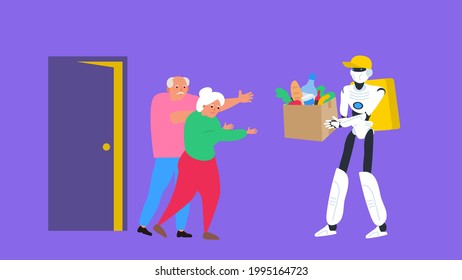 Robot Courier With Grocery Products Box And Senior Couple  Door Delivery Service Vector Illustration