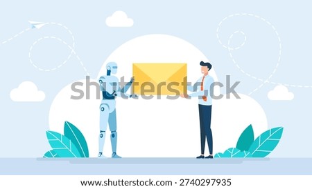 Robot courier mail envelope delivery to businessman. Robotic postman with man holding letter. Robot vs human standing together delivery service artificial intelligence technology. Vector illustration