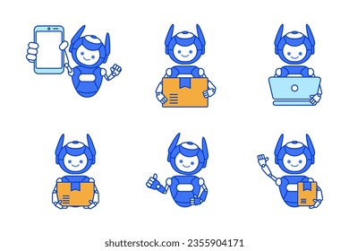 Robot courier mascot character vector illustration. Robot postman bringing or delivering parcel