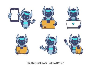 Robot courier mascot character vector illustration. Robot postman bringing or delivering parcel