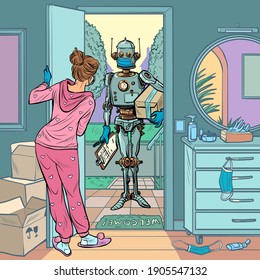 Robot courier in a medical mask, safe delivery in quarantine. Pop art retro illustration comic cartoon 50s 60s style kitsch vintage