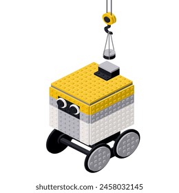 Roboter Kurier Produktionskonzept auf weißem Hintergrund. Vektorillustration