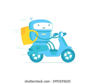 Robot courier. Take away. Delivery service. Rides a motobike. Fast food delivery. With a backpack. Vector illustration.