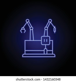 robot crane line icon in blue neon style. Signs and symbols can be used for web, logo, mobile app, UI, UX