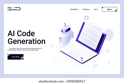 Robot que crea código basado en Instrucciones de usuario en la computadora portátil. PLANTILLA isométrica de la página de destino de AI Code Generation. Ilustración vectorial creativa 3D de la automatización de la tecnología del desarrollo del Web para la página del Web