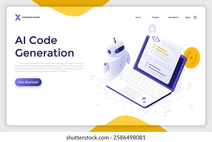 Robot creating code based on user prompts on laptop. AI Code Generation landing page isometric template. Web development technology automation creative 3d vector illustration for web page