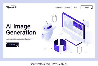 Robot creando arte digital en la computadora. PLANTILLA isométrica de la página de destino de la generación de Imagen de IA. Inteligencia artificial dibujando en línea Ilustración vectorial creativa 3d para la página de Web