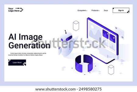 Robot creating digital art on computer. AI Image Generation landing page isometric template. Artificial intelligence drawing online creative 3d vector illustration for web page