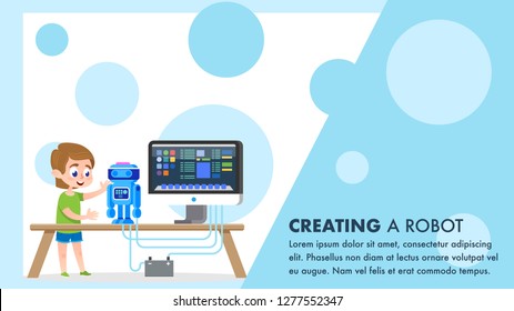 Robot Creating and Programming Course. Cartoon Talent Boy Character Styding at Electronic Engineering Class. Young Future Scientist Standing at Desk. Child Cyber Hobbies Illustration.