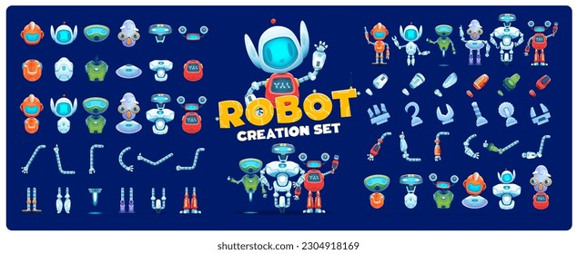 Robot creation kit. Cartoon character constructor and animation asset. Vector set of editable droid arms, legs, bodies and head elements. Artificial intelligence machines and cyborg personages creator