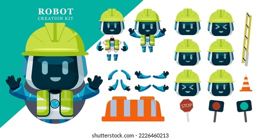 Robot creation kit vector set design. Robots traffic enforcer with editable character kit of arms, legs and head parts for pose and gesture ai creator. Vector illustration.
