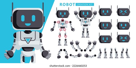 Diseño de conjunto vectorial de kit de creación de robots. Kit de creador de personajes de robots con cabeza, brazos, piernas para una pose editable y partes del cuerpo robótico gestual. Ilustración vectorial.
