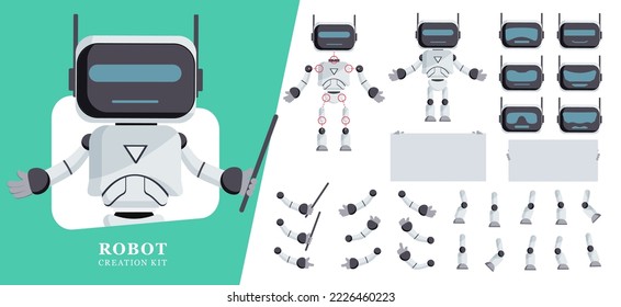 Diseño de conjunto vectorial de kit de creador de robots. Carácter modificable del profesor de robots con cabeza, brazos, piernas y elementos de pizarra blanca para presentar la creación de ai. Ilustración vectorial.
